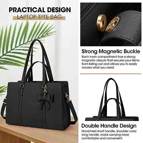 Laptop Bag for Women 15.6 inch Laptop Tote Bag Waterproof Leather Computer Bag Large Lightweight Briefcase Professional Business Office Work Bag Black