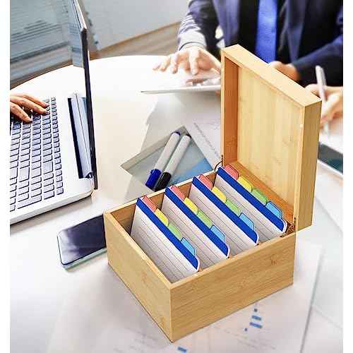 Neando Extra-Large Bamboo Index Card Organizer for 5x8 Cards ? Wooden Storage Box with Lid, 4 Compartments, 600-Card Capacity, Includes 20 Tabbed Guides ? Natural Filing Box for Home & Office