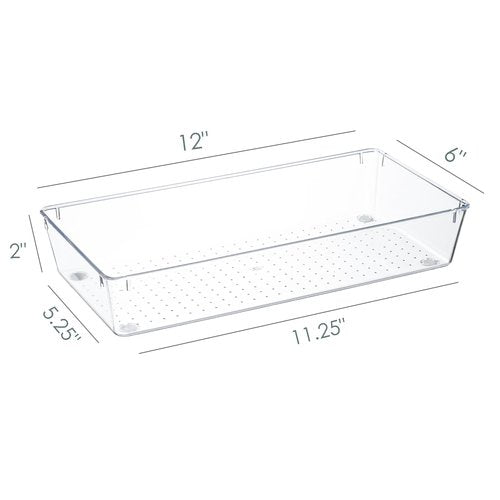 Kingrol 6 Pack 12 x 6 x 2 Inch Clear Drawer Organizer Trays, Desk Drawer Divider Storage Bins, Storage Box Set for Utensils Junks Vanities Makeups Jewelry Office Craft Supplies
