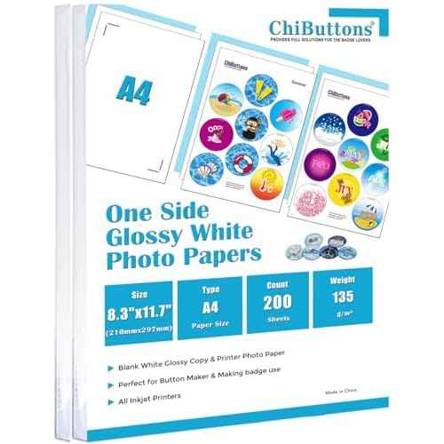 ChiButtons One Side Glossy Photo Papers A4, 2 * 100=200 sheets (135g, Specially for button maker use)
