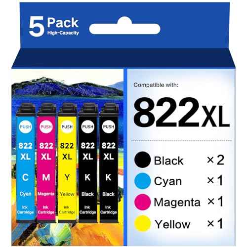 822XL Ink Cartridges Combo Pack Remanufactured for Epson 822XL Ink Cartridges for Epson 822 High Yield T822 T822XL for Epson Workforce Pro WF-3820 WF-4820 WF-4830 WF-4833 WF-4834 (5 Pack)