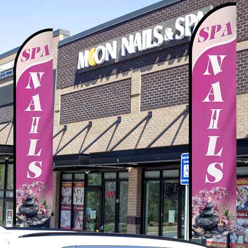 2 Pack Nails Sign & Spa King Flags 12 ft x 2.5 ft Nail Sign Advertising Feather Banner Swooper Flag for Outside Advertising Marketing Nail Salon, Hardware Not Included (Updated Design)