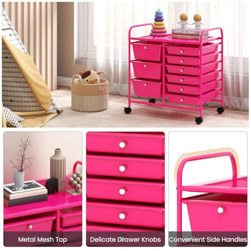 Moccha 9-Drawer Rolling Storage Cart - Hot Pink, 2 Large 3 Small Drawers, Under-Desk Mobile Organizer