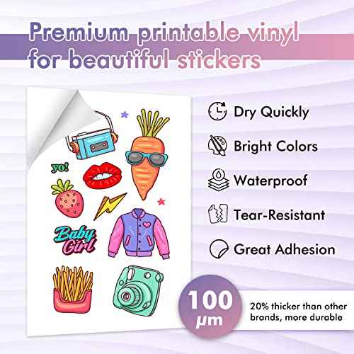 Koala Printable Vinyl Sticker Paper for Inkjet Printers - 100 Sheets Glossy White Water-Resistant Adhesive Label Paper - 8.5x11 Inch, Tear-Resistant, Removable