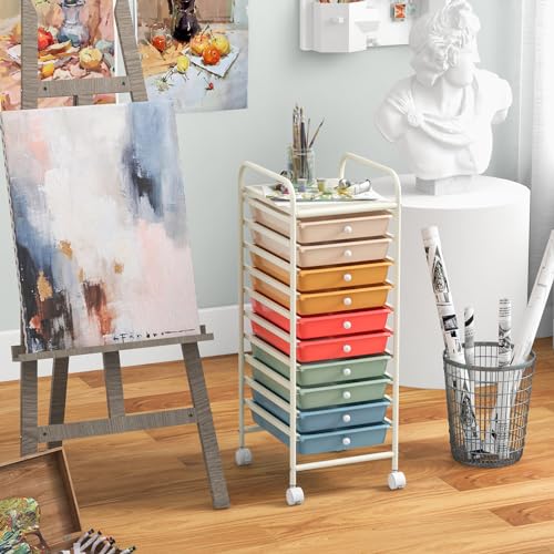 10 Drawer Storage Cart, Rolling Cart with Lockable Wheels, Trolley Utility Cart with Removable Drawers, Mobile Organizer with Handle for Living Room Kitchen Home Office (Macaron)