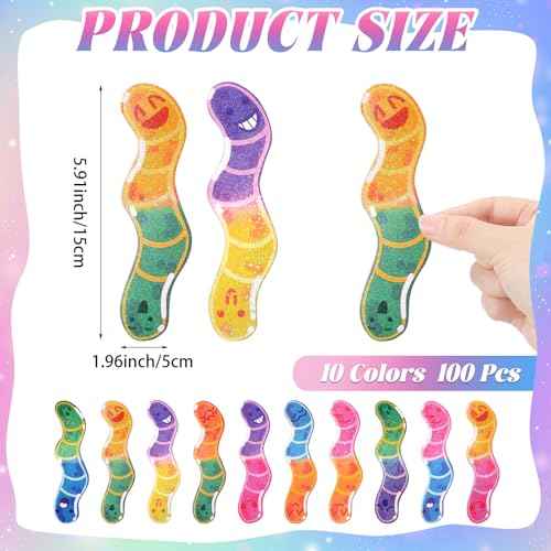100 Pcs Worm Bookmarks Bulk for Kids Cute Holographic Glitter Gummy Worm Fun Bookmarks for Book Lovers Adults Teacher Funny Reading Gifts Bookish Party Favors