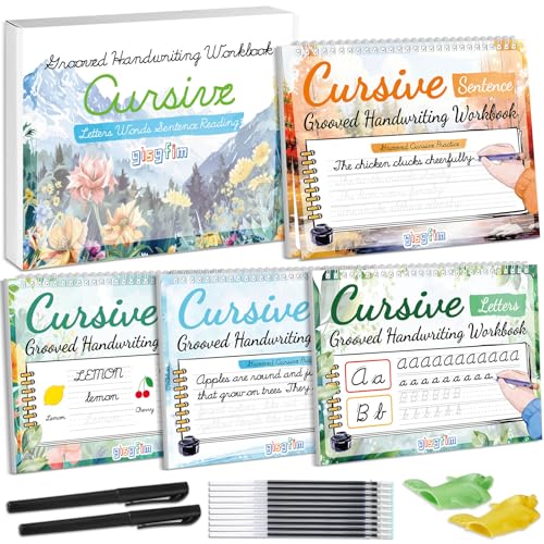 GISGFIM 4-Pack Grooved Cursive Handwriting Workbook Kit with Disappearing Ink Pens - Style 1 for Kids & Teens