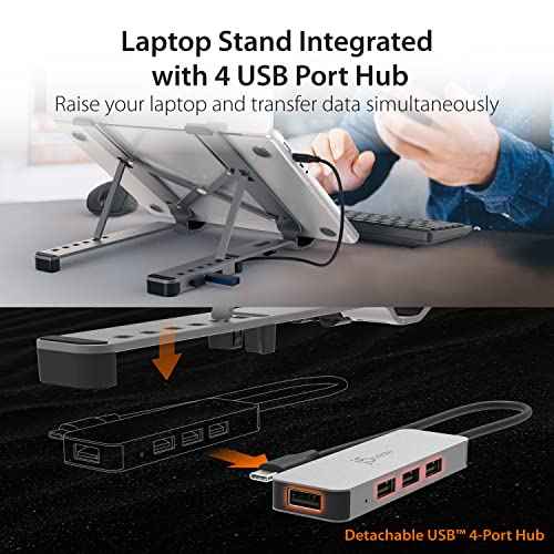 j5create Portable Aluminum Laptop Stand with USB 4-Port Hub, Foldable and Adjustable Notebook Riser with 4 USB-A Ports for MacBook, Laptop, and Tablet up to 16" (JTS223)