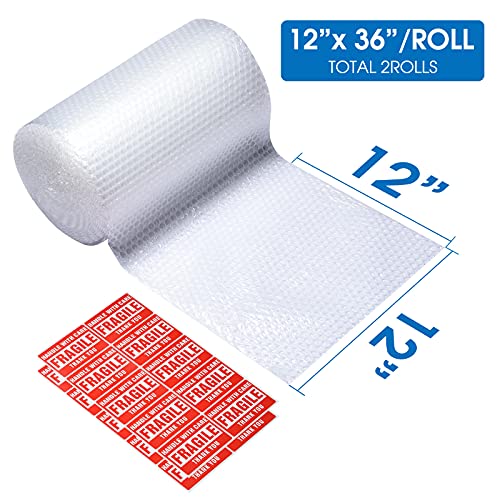 Sumono Bubble Cushion Wrap Roll 12in x 36ft (2 Rolls, 72ft Total) with Fragile Stickers