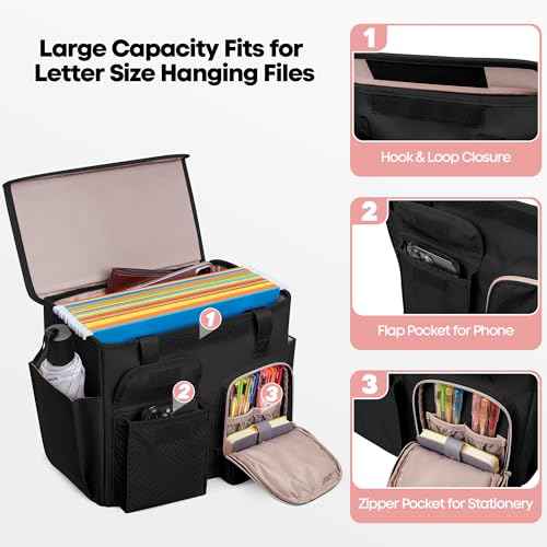 Hanging File Organizer Box with Lid, Portable Document Organizer Bag with Handle, Suitable for Letter Size Hanging File Folders, Black