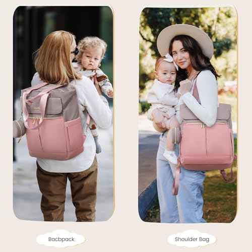 LOVEVOOK Diaper Bag Backpack,Diaper Bag Tote with Insulated Pockets,Baby Bag for Girl Boy with Changing Pad,Large Baby Diaper Bag with Pacifier Case,Anti-Theft Travel Backpack for Women,Pink-Gray