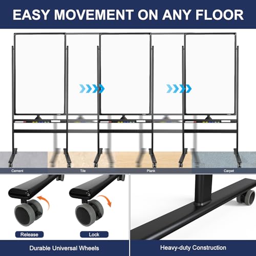 Tankee Black 24"x40" Adjustable Standing Whiteboard on Wheels - Double-Sided Dry Erase Board for Office & Classroom