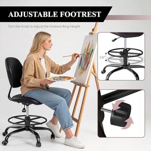 Nusetx Drafting Chair with Back Support - Tall Adjustable Rolling Stool (Set of 2, Black)