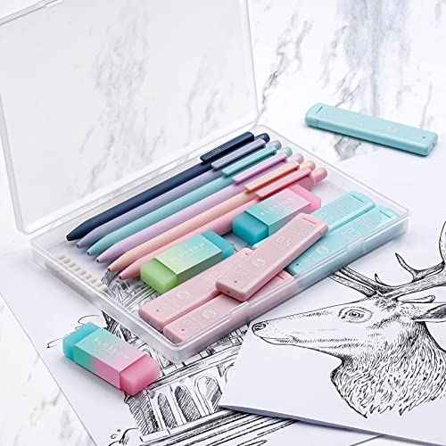 Four Candies Cute Mechanical Pencil Set, 6PCS Pastel Mechanical Pencils 0.5 & 0.7mm with 360PCS HB Leads, 3PCS Erasers and 9PCS Eraser Refills, Aesthetic School Supplies for Girls Writing
