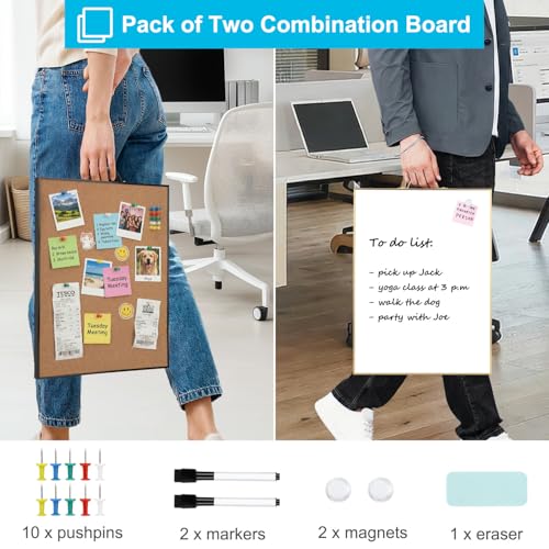 TSJ OFFICE Small Whiteboard & Corkboard Combo Set 24x16 Inch Wall Mount with Markers & Pins
