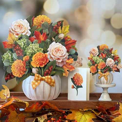 Freshcut Paper Pop Up Cards, Mini Pumpkin Spice, 6 Inch Mini Sized Forever Flower Bouquet 3D Popup Greeting Cards, Autumn Card, Birthday Card, Blank Notecard & Envelope