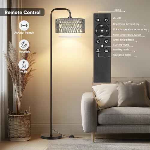 PARTPHONER 68¡®¡¯Floor Lamp for Living Room, Tall Standing Lamp with Remote 3 Color Temperatures Dimmable Bulb, Gray Rattan and Fabric Dual Shades
