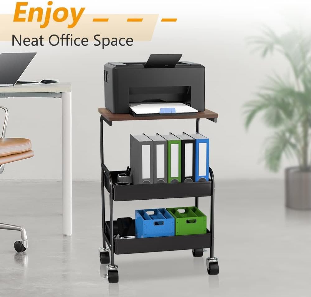 Skiennix Rolling Cart - 3-Tier Metal Utility Organizer with Lockable Wheels - Black Wooden Tabletop