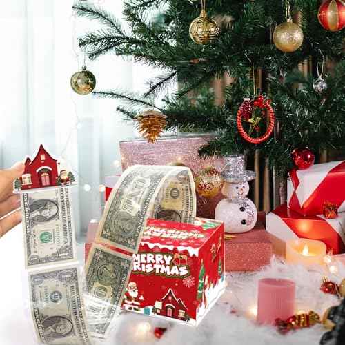 Christmas Money Box for Cash Gift Pull, Money Gift Boxes for Cash with Pull Out Surprise Merry Christmas Box Holder with 50Pcs Transparent Bags for Women Men Girls Boys Mom Dad Friend