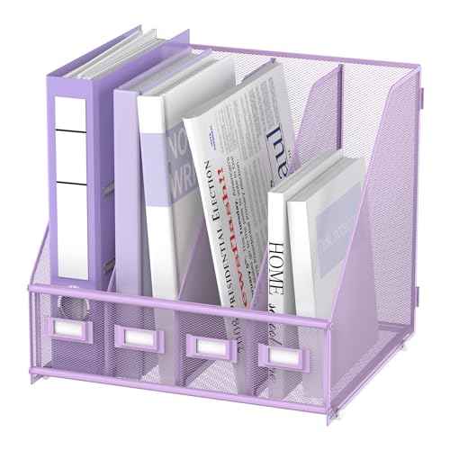 SUPEASY Magazine File Holder Desk Organizer, Metal Binder Holder with 4 Vertical Compartments for Office Home School, Purple Plus