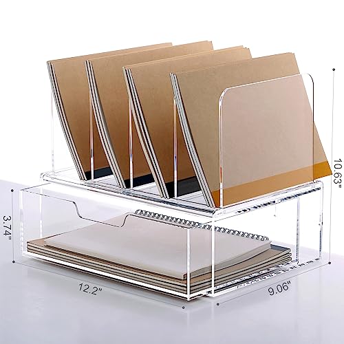 DINGHUO Acrylic Desk Organizers and Accessories, Clear Paper File Folder Organizer Letter Tray Sliding Drawer with 4 Upright Sections File Holder, Office Supplies Workspace Organizers - 1 Pack