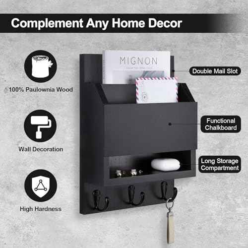 Key and Mail Holder for Wall, Key Holder with Chalkboard and Long Storage Box, Key Hanger with 3 Sturdy Hooks for Coat, Dog Leash, Entryway Mail Organizer (Black)