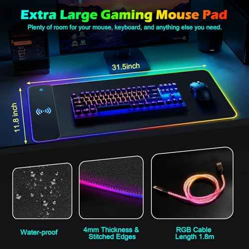 RGB Gaming Mouse Pad Wireless Charging 15W with LED Cable, XXL Large Mousepad 800x300x4mm with 13 Light Modes Non-Slip Rubber Base, Waterproof Computer Mat for Home Office Gaming Keyboard Desk Decor