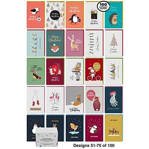Dessie 100 Unique Modern Christmas Cards with Envelopes and Matching Sealing Stickers. Happy Holiday Cards with Short Greetings Inside. Bulk Christmas Cards Boxed with Envelopes