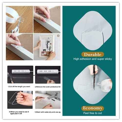 Double Sided Tape Heavy Duty, Multipurpose Removable Mounting Tape Adhesive, Reusable Strong Stick Wall Tape Strip Clear Adhesive for Poster Carpet Tape Sticky Items-(9.84 feet)-White (A2)