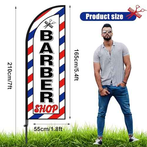 VitalCozy 2 Set Barber Flag Barbershop Themed Swooper Flag Banner with Pole Kit Open Feather Barber Sign for Salon Business Advertising Outdoor Outside(7 ft)