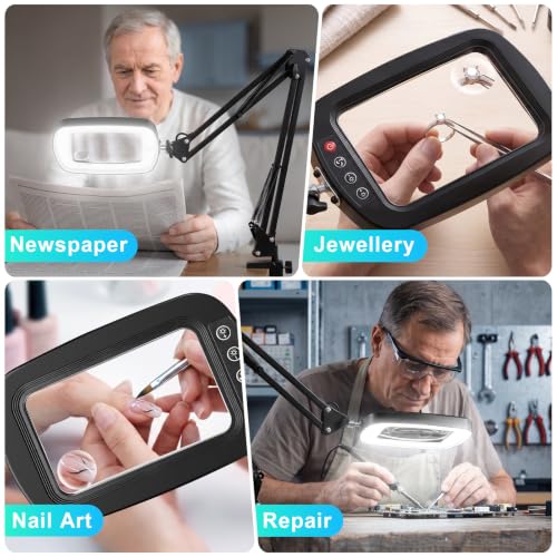 Black 12X 30X Magnifying Glass with Light, Stand & Clamp - Large Desk Lamp