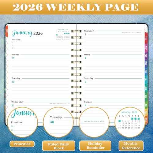 2026 Planner - Planner 2026, Jan. 2026 - Dec. 2026, 8.4"x 6.3", 2026 Planner Weekly and Monthly, 2026 Calendar Planner with Elastic Closure + Colorful Tabs + Hardcover - Dreaming Sea
