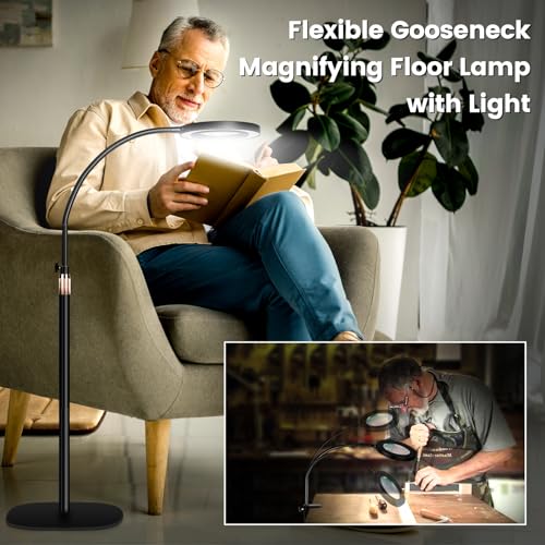 10X Magnifying Glass with Light and Stand,NUEYiO 3-Color Stepless Dimmable LED Magnifying Floor Lamp, 24" Gooseneck Adjustable Swing Arm Lighted Magnifier Lamp with Clamp for Reading Craft Esthetican