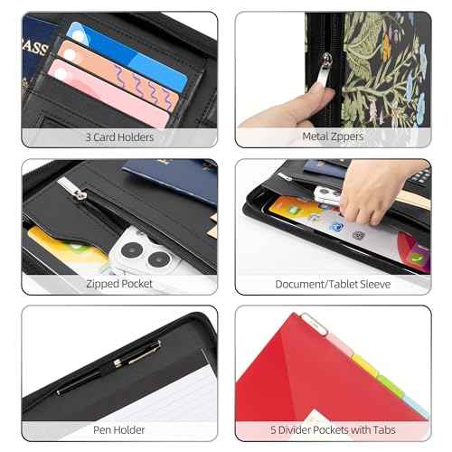Ospelelf Leather Portfolio Folder with Zipper - 3 Ring Binder with Clipbard - Calculator, 12.1¡± Tablet Sleeve, 5 Dividers with 10 Pockets, Refillable Notepad, Card Holder (Bushes)