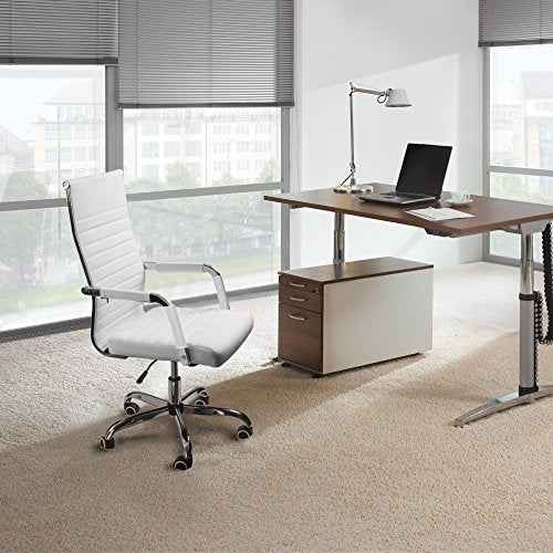 Furmax Ribbed Office Desk Chair Mid-Back PU Leather Executive Conference Task Chair Adjustable Swivel Chair with Arms (White)