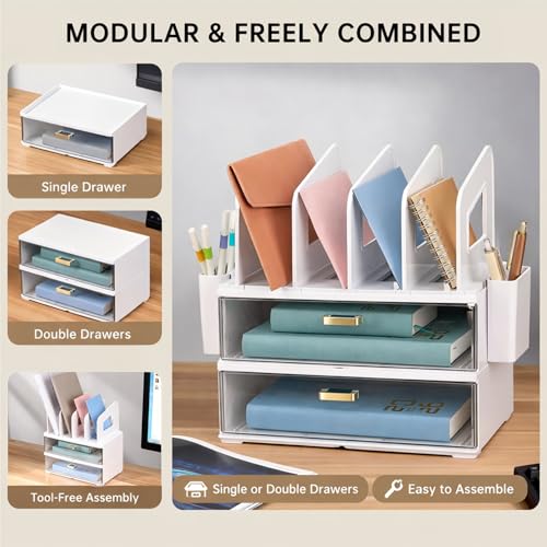 Desk Organizer with 4 File Slots, 2 Drawers, White | CiWiVOKi