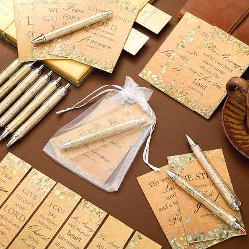 Yeaqee 200 Pcs Christian Gifts Set Include 50 Bible Verses Bookmarks Book Markers 50 Ballpoint Pens 50 Bible Notebooks 50 Organza Bags Mother's Day Bulk Gifts for Church Women