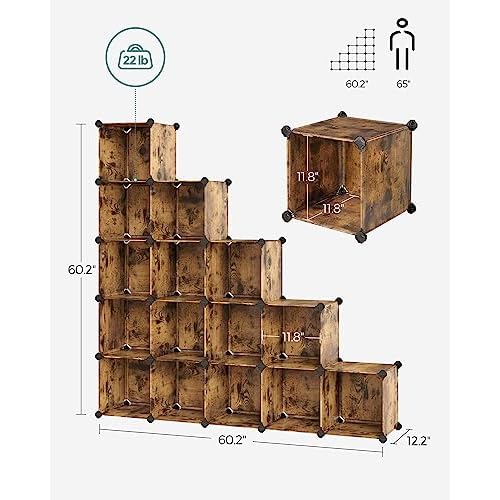 SONGMICS Cube Storage Organizer, Set of 16 Plastic Cubes, Closet Organizers and Storage, Room Organization, Bedroom Living Room, 12.2 x 48.4 x 48.4 Inches, Rustic Brown ULPC442A01