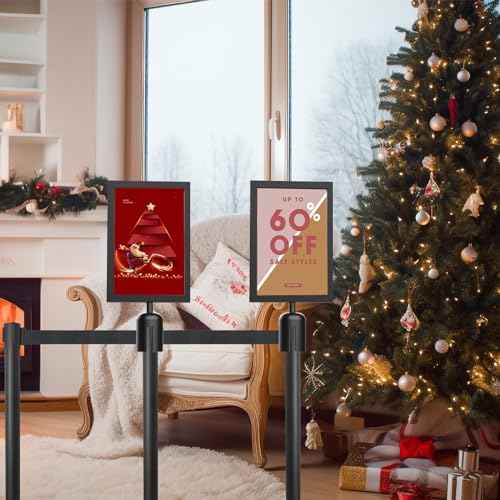 2 Pcs Stanchion Sign Holder 8.3 x 11.7, Portrait Post Top Stand Poster Display, Double Sided Sign Frame with Cover for Crowd Control Queue Barrier Sentry Stanchions Black Iron
