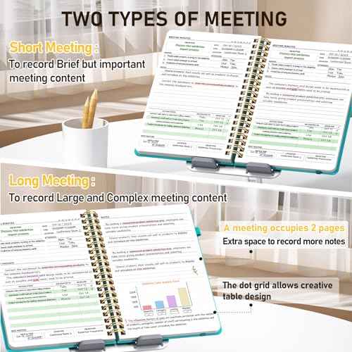 WEMATE 5 Pack Meeting Notebooks for Work£¨7"x10"£© 200 Pages, PU Leather Notebook with Action Items & Note, For Staff & Students, Meeting, Projects Planning- Black, Blue, Green, Olive Green, Dark Blue