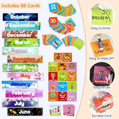 Classroom Calendar Pocket Chart with 88 Cards - Ideal for Homeschool, Classroom & Office, Durable Nylon Wall Hanging Calendar for Early Learning (Black)