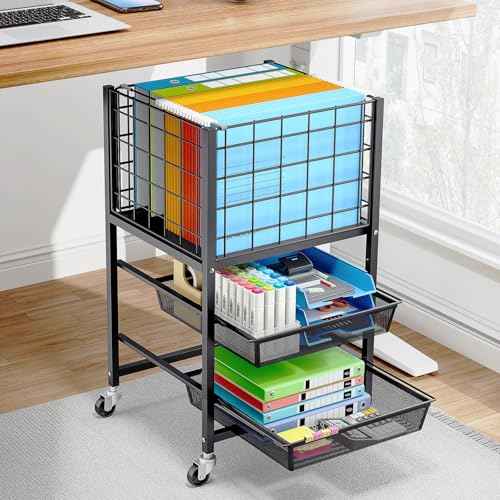TOOLF 3-Tier Rolling File Cart, Metal Storage Drawer Cart with 2 Sliding File Trays, Adjustable Rod for Hanging Various File Sizes, File Organizer Cabinet on Wheels, for Office, Home, Classroom, Black