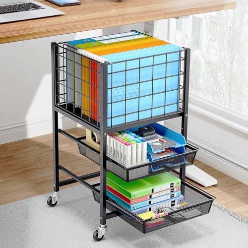 TOOLF 3-Tier Rolling File Cart with 2 Sliding Trays | Metal File Cabinet on Wheels