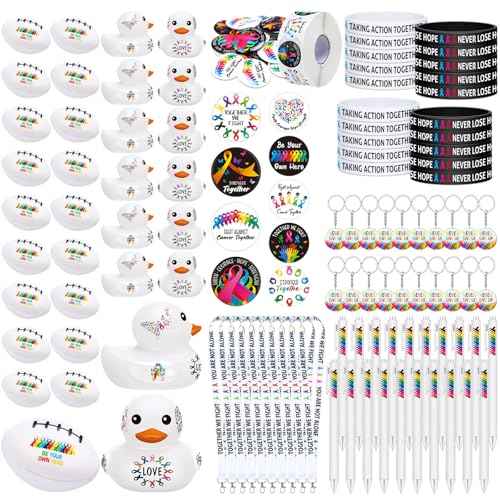 1140 Pcs Cancer Awareness Set Colorful Ribbon Lung Breast Cancer Awareness Items Include Lanyards Keychains Stickers Buttons Stress Balls Pens Silicone Bracelets Rubber Ducks