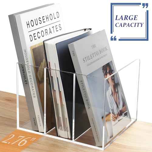 Clear Magazine File Holder with 3 Vertical Compartments, Acrylic Desk Organizer and Accessories Magazine Rack File Organizer Workspace Sorters Bookend for Office Home Desktop