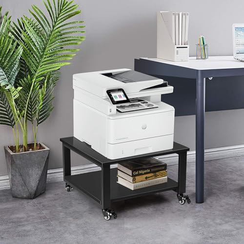 Under Desk Printer Stand - 2-Tier Industrial Mobile Printer Table with Storage Shelf, 19.7''x19.7''x12.6'' Heavy Duty Wood Rolling Printer Cart with Wheels for Home and Office,Classic Black