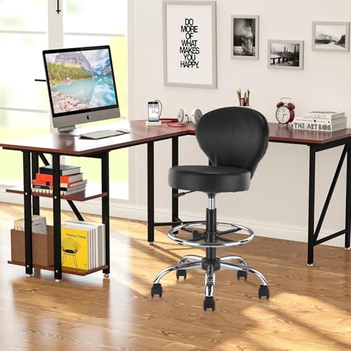 KLASIKA Black PVC Faux Leather Drafting Chair Rolling Stool 36in Adjustable Back/Foot Rest