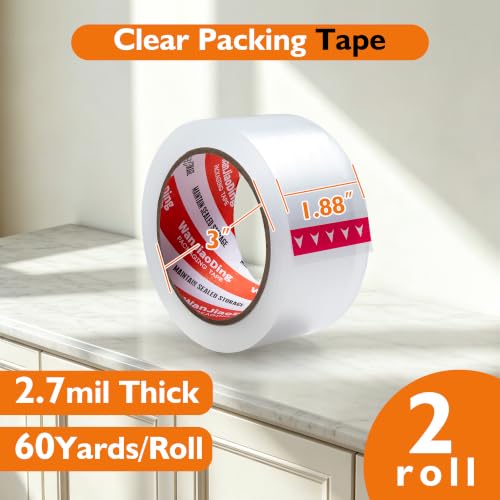 WanJiaoDing Heavy Duty Packing Tape 2 Rolls, Clear 2.7 Mil, 1.88" x 60Y - Refill for Shipping & Moving, Variation 2