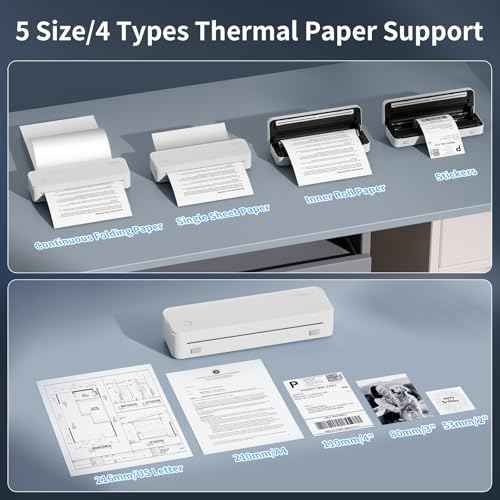 Portable Thermal Printer with 6 Rolls Multi-Size Paper, Bluetooth Inkless Printer Compatible with iOS, Android, Laptop, Used for Travel, Office, Home(White)