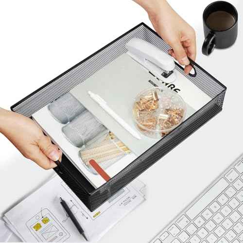 Neudeco Desk Drawer Organizer with 6 Adjustable Dividers, Metal Pen organizer for desk drawer,Mesh Office Desk Drawer Organizer Tray for office supplies (Pack 4, Black)